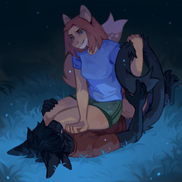 4_ears anthro black_body black_fur black_hair blue_clothing blue_eyes blue_shirt blue_t-shirt blue_topwear bottomwear breasts brown_hair clothed clothing duo female fur grass green_bottomwear green_clothing green_pants hair looking_at_another lying male medium_breasts multi_ear narrowed_eyes obscured_eyes on_back on_top orange_body orange_fur outside pants plant red_clothing red_shirt red_t-shirt red_topwear shirt t-shirt tail tan_body tan_fur teeth three-quarter_view topwear unsigned corzh77 mythology dragon felid furred_dragon furred_scalie mammal mythological_creature mythological_scalie scalie 1:1 absurd_res hi_res