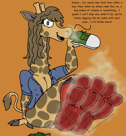 anthro butt clothing cloven_hooves denim denim_clothing denim_topwear dirty dirty_clothing dirty_socks embarrassed feet female foot_fetish footwear hooves multicolored_clothing multicolored_footwear multicolored_socks musk panties red_clothing red_footwear red_socks shoe_sniffing shoes smelly sneakers sniffing sniffing_clothes socks solo teasing text thick_thighs topwear underhoof underwear barrygoldwatersskincream breanna_(barrygoldwatersskincream) giraffe giraffid mammal english_text hi_res