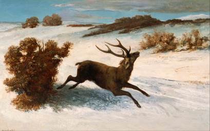 2_horns ambiguous_feral ambiguous_gender antlers brown_body brown_fur cloven_hooves detailed_background feral fur hooves horn looking_aside nature nature_background outside plant quadruped running scut_tail short_tail shrub snow solo tail tree unguligrade gustave_courbet public_domain deer mammal 19th_century absurd_res ancient_art hi_res oil_painting_(artwork) painting_(artwork) traditional_media_(artwork) traditional_painting_(artwork)