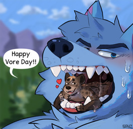 anthro blue_body blue_eyes blue_fur bodily_fluids drooling duo eyebrows flustered forest fur happy heart_symbol inside_mouth male male/male open_mouth oral_vore plant saliva size_difference speech_bubble teeth text tree uvula vore spyz_(artist) vore_day vore_day_2025 dan_(spyz) ethan_(spyz) canid canine canis hyena mammal spotted_hyena wolf 2025 hi_res shaded watermark
