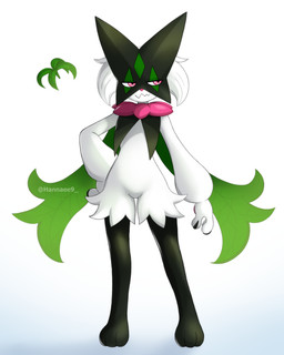 ambiguous_gender anthro cape claws clothing fangs green_body hand_on_hip leg_tuft looking_away mask pink_body pink_eyes pseudo_clothing simple_background smile solo teeth thigh_tuft tuft white_background hannaee9 nintendo pokemon generation_9_pokemon meowscarada pokemon_(species) 2026 4:5 absurd_res digital_drawing_(artwork) digital_media_(artwork) full-length_portrait hi_res portrait