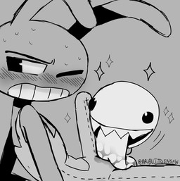 anthro blush bodily_fluids clothed clothed_male clothing duo flustered licking_crotch long_tongue looking_away male one_eye_closed saliva sharp_teeth sitting sitting_on_ground sparkles sweat sweatdrop teeth tongue ari_dibujitos glitch_productions the_amazing_digital_circus bubble_(tadc) jax_(tadc) digital_creature lagomorph leporid mammal rabbit absurd_res hi_res monochrome