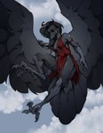 anthro beak black_eyes braided_hair breasts claws clothed clothing cloud curvy_figure dress feathers feet female flying foot_focus hair looking_down majestic medium_breasts one_leg_up raised_leg scuted_legs scutes slim smile solo spread_wings tail tail_fan tail_feathers talon_hands talons toes wings rinyabjorn xai_xevion avian bird corvid corvus_(genus) crow oscine passerine 2024 absurd_res full-length_portrait hi_res portrait