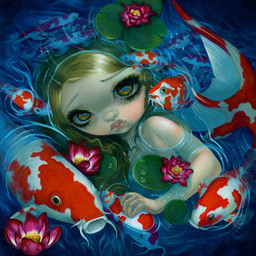 ambiguous_gender detailed_background eyebrows female feral fin fingers fish_tail group hair lily_pad lips long_hair looking_at_viewer mermaid_tail partially_submerged plant split_form tail tail_fin thick_lips water jasmine_becket-griffith amur_carp carp cyprinid cypriniform fish humanoid humanoid_merfolk koi koi_merfolk mammal marine merfolk typical_carp formal_art painting_(artwork) traditional_media_(artwork) traditional_painting_(artwork)