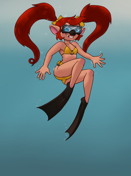 accessory anthro bikini black_eyebrows black_swimming_fins blue_eyes blush bow_ribbon brown_body brown_ears bubble butt clothed clothed_anthro clothed_female clothing diving_mask eyebrows eyelashes female female_anthro flat_chested hair hair_accessory hair_bow hair_ribbon long_hair looking_aside mask midriff missing_tooth pigtails pink_inner_ear red_hair ribbons smile snout solo swimming_fins swimwear teeth two-piece_swimsuit underwater water yellow_bikini yellow_bow yellow_clothing yellow_swimwear young young_anthro young_female spacechoochoo disney goof_troop pistol_pete canid canine canis domestic_dog mammal 2026 hi_res