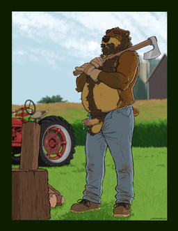 anthro axe ball_tuft balls beard blue_eyes bodily_fluids body_hair bottomwear brown_body brown_fur chest_hair clothed clothing countershade_balls countershade_face countershade_genitalia countershade_torso countershading denim denim_bottomwear denim_clothing erection facial_hair footwear fur genitals grass holding_object holding_weapon humanoid_genitalia humanoid_penis jeans male male_anthro musclegut muscular muscular_anthro muscular_male mustache open_bottomwear open_clothing open_pants outside overweight overweight_anthro overweight_male pants penis pink_penis plant pubes shoes solo standing suspenders sweat tail tan_body tan_fur tan_penis topless topless_anthro topless_male tractor tuft vehicle weapon wood labradorszn bear mammal 2026 hi_res