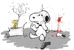 blood bodily_fluids duo feral gun holding_object holding_staff male micro_calves micro_legs micro_thighs pain ranged_weapon simple_background sitting staff thin_arms thin_calves thin_legs thin_thighs weapon white_background wood yellow_body tobydoge peanuts_(comic) snoopy woodstock_(peanuts) avian bird canid canine canis domestic_dog mammal hi_res