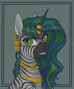 blue_hair ear_piercing ear_ring female feral gold_(metal) gold_jewelry gold_necklace gold_ring green_eyes green_hair hair horn horn_jewelry horn_ring jewelry multicolored_hair necklace piercing ring_(jewelry) ring_piercing smile solo striped_body stripes two_tone_hair stray_prey hasbro my_little_pony fan_character forest_glade equid equine mammal zebra 5:6 digital_drawing_(artwork) digital_media_(artwork) hi_res portrait