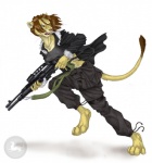 action_pose anthro black_clothing blue_eyes bottomwear brown_hair clothed clothing female fur gun hair jacket nipple_outline pants pose ranged_weapon running shotgun solo spas-12 tail topwear weapon yellow_body yellow_fur sabretoothed_ermine felid lion mammal pantherine