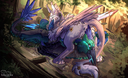 anus balls beak blue_anus blue_body blue_fur butt duo erection female feral fur genitals grass green_body green_fur male male/female oral oral_penetration penetration plant purple_body purple_fur vulva hollyvardia mythology avian gryphon mythological_avian mythological_creature hi_res