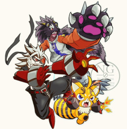 anthro bottomwear clothing dark_body dark_skin evolutionary_family female fur grey_body grey_fur group gun_arm mask orange_body orange_fur pants paws raccoon_tail_hair red_eyes shorts smile trio weapon_arm vgz083 bandai_namco digimon digimon_beatbreak bearcatmon binturong_humanoid digimon_(species) humanoid pristimon wolvermon hi_res