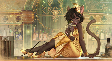 5_fingers anthro biped black_hair breasts brown_body brown_fur brown_tail claws clothed clothed_anthro clothed_female clothing dress electronics fangs female finger_claws fingers footwear fur hair handpaw high_heels holding_microphone holding_object inner_ear_fluff inside looking_at_viewer microphone one_eye_closed open_mouth open_smile paws shoes short_hair side_view sitting smile solo tail teeth tongue tuft wink winking_at_viewer yellow_clothing yellow_dress yellow_footwear yellow_high_heels yellow_sclera iskra lackadaisy ivy_pepper domestic_cat felid feline felis mammal 2024 digital_drawing_(artwork) digital_media_(artwork) hi_res