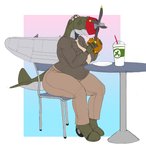 absurd_res aircraft airplane anthro belly beverage big_belly big_breasts big_butt breasts burger butt charlotte_(panzerschreckleopard) clothing eating female food happy hi_res living_aircraft living_machine living_vehicle machine musclegut muscular ndragon3 overweight overweight_anthro overweight_female p-47 p-47_thunderbolt slightly_chubby slightly_chubby_female solo thick_thighs uniform vehicle weight_gain