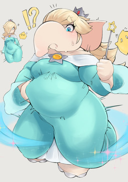 ambiguous_gender anthro belly blonde_hair blue_clothing blue_dress blue_eyes bodily_fluids breasts clothing crown dress duo exclamation_point eye_behind_hair female hair headgear holding_object holding_wand human_to_anthro interrobang light_body light_skin overweight overweight_female proboscis_(anatomy) question_mark simple_background skindentation sparkles species_transformation sweat sweatdrop tight_clothing transformation trunk_(anatomy) wand weight_gain neko_kaminari80 mario_bros nintendo super_mario_bros_wonder super_mario_galaxy elephant_rosalina rosalina_(mario) elephant elephantid human luma mammal proboscidean absurd_res digital_media_(artwork) hi_res