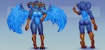 3_heads anthro blue_body blue_eyes blue_feathers blue_hair blue_nipples breasts feathered_wings feathers female genitals green_eyes hair multi_head nipples non-mammal_breasts non-mammal_nipples nude nude_anthro nude_female pussy simple_background solo wings yellow_eyes rainset avian 2025 hi_res