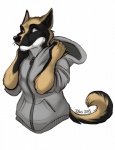 ambiguous_gender anthro black_body black_fur black_nose brown_body brown_fur cautious clothing fur hood hoodie looking_back looking_up simple_background solo tail tan_eyes topwear white_background white_body white_fur zipper ifus canid canine mammal digital_media_(artwork) hi_res