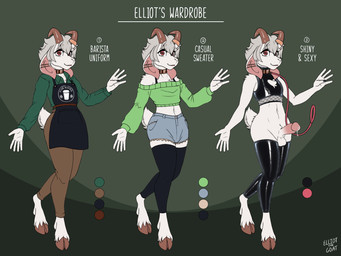 anthro apron balls barista black_clothing black_leggings black_legwear bodily_fluids bottomwear bovid_horn caprine_horn chest_tuft clothing collar collared_shirt color_swatch crop_top cropped_sweater denim denim_bottomwear denim_clothing denim_shorts dress_shirt ear_piercing featureless_crotch femboy fur genital_fluids genitals goat_horn goat_tail green_clothing green_shirt green_topwear grey_hair hair hooves horn horn_jewelry horn_ring jewelry khakis latex latex_clothing latex_crop_top latex_leggings latex_legwear latex_shirt latex_topwear leaking_precum leash leggings legwear lgbt_pride looking_at_viewer male midriff multiple_outfits off-shoulder_crop_top off/on penis piercing precum pride_colors rainbow_flag rainbow_pride_flag rainbow_symbol ring_(jewelry) shirt shorts shoulder_strap simple_background solo text topwear tuft wearing_collar white_body white_fur work_uniform espressothegoat elliot_(espressothegoat) bovid caprine goat mammal 4:3 english_text flat_colors hi_res model_sheet