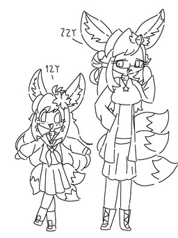 3_tails accessory adolescent age_difference age_progression aged_up anthro asian_clothing boots bottomwear clothed clothing duo east_asian_clothing eyelashes eyewear female flower flower_in_hair footwear fully_clothed gem glasses hair hair_accessory hair_tie hairpin hand_in_pocket happy japanese_clothing japanese_school_uniform jewelry long_hair looking_at_another multi_tail narrowed_eyes necklace number open_mouth plant pockets school_uniform serafuku shoes size_difference skirt socks star_accessory sweater tail topwear uniform young young_anthro young_female conditional_dnp xammyxx cherry_(xammyxx) canid canine fennec_fox fox mammal true_fox 2026 3:4 black_and_white digital_media_(artwork) hi_res ibispaint_(artwork) monochrome sketch