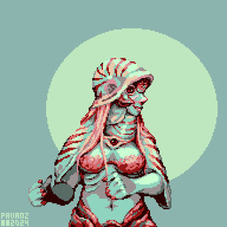 armor blue_body blue_skin bra breasts cloak clothed clothing colored_nails female gills headgear helmet jewelry looking_away midriff nails necklace partially_clothed red_eyes shell shell_hat solo split_form underwear pavanz nimue_(jame537) alien aquatic humanoid merfolk 1:1 digital_media_(artwork) half-length_portrait pixel_(artwork) portrait