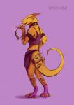 accessory anthro bag clothed clothing crossdressing eyewear femboy footwear furgonomics legwear lingerie male simple_background socks solo standing sunglasses tail tail_accessory tail_bag travesty yellow_body yellow_skin loque gucci mythology dragon mythological_creature mythological_scalie scalie