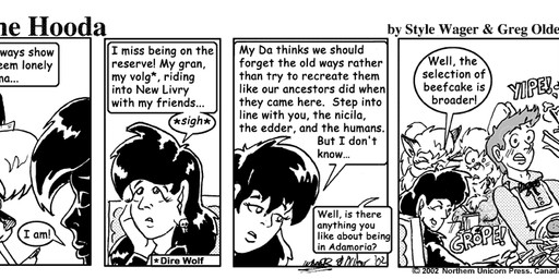 anthro beverage burger clothed clothed_female clothed_male clothing dialogue eyewear fast_food_uniform female food fries fur goggles group hair male text style_wager dela_the_hooda dela_aldershaw melody_aldershaw ulma_(dela_the_hooda) canid canine fox goblin hooda human humanoid mammal 2002 comic english_text greyscale monochrome
