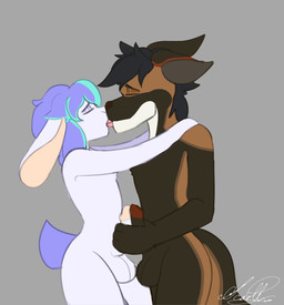 anthro balls black_hair brown_balls brown_body brown_fur brown_penis duo eyes_closed french_kissing frottage fur genitals grey_background hair handjob_frottage humanoid_genitalia humanoid_penis kissing male male/male markings masturbation multicolored_body multicolored_fur multicolored_hair penile penis penises_touching sex short_hair simple_background standing standing_sex white_balls white_body white_fur white_markings white_penis scarth_bonnie canid canine canis domestic_dog lagomorph leporid mammal rabbit absurd_res digital_media_(artwork) hi_res