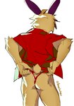 adolescent anthro asian_clothing butt clothing clothing_pull cotton_tail east_asian_clothing fundoshi fur japanese_clothing kemono kimono male rear_view red_clothing red_fundoshi red_kimono red_underwear simple_background solo underwear underwear_pull wedgie white_body white_fur young young_anthro young_male booiaher tama_(booiahaer) lagomorph leporid mammal rabbit