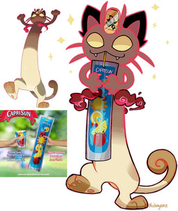 ambiguous_gender beverage brown_body brown_fur cloud coin drinking dynamax fangs feral forehead_coin fur no_pupils simple_background solo sparkles tan_body tan_fur teeth text whiskers white_background nichinyanz caprisun nintendo pokemon dynamax_pokemon felid feline generation_8_pokemon gigantamax_meowth gigantamax_pokemon mammal pokemon_(species) english_text hi_res reference_image signature