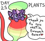 ambiguous_gender baby_talk carnivorous_plant dialogue feral fur hair insect_wings lepidopteran_wings pink_hair pitcher_plant plant purple_body purple_fur simple_background solo text white_background wings squeakyfriend fluffy_pony fluffy_pony_(species) mammal english_text