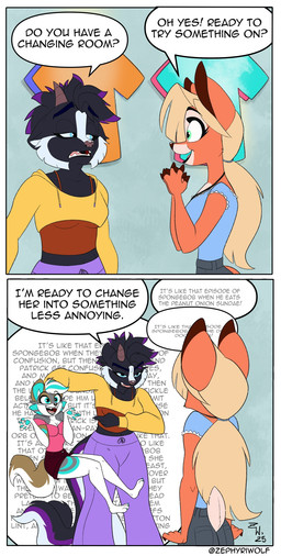 annoyed anthro black_hair blonde_hair bottomwear cheek_tuft clothing curved_horn dialogue facial_tuft fangs female fur green_body green_fur green_highlights green_pawpads grey_body grey_fur group hair half-closed_eyes highlights_(coloring) horn humor narrowed_eyes open_mouth open_smile orange_body orange_fur pants pawpads paws purple_highlights smile speech_bubble sweater sweatpants teeth text topwear trio tuft white_body white_fur white_hair wide_eyed zephyriwolf zephyri_q_wolf canid canine canis deer demon mammal mephitid skunk wolf comic english_text hi_res