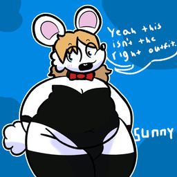 anthro belly belly_overhang black_clothing black_legwear black_leotard black_nose black_stockings black_thigh_highs blonde_hair blue_eyes blush bow_tie buckteeth bunny_costume cheek_tuft clothed clothed_anthro clothed_male clothing costume cuffs_(clothing) dialogue eye_through_hair eyebrow_through_hair eyebrows facial_tuft fake_tail fur hair hands_behind_back legwear leotard looking_aside male navel_outline open_mouth outline overweight overweight_anthro overweight_male red_bow_tie scut_tail short_tail solo speech_bubble stockings strapless_clothing strapless_leotard tail teeth text thick_thighs thigh_highs translucent translucent_hair tuft white_body white_fur white_outline wide_hips sunnysideupe normalsville peter_(normalsville) mammal mouse murid murine rodent 1:1 2026 absurd_res artist_name digital_media_(artwork) english_text hi_res shaded signature