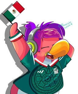 anthro clothing electronics female flag flag_(object) fur green_clothing green_shirt green_topwear hair headphones holding_flag holding_object mexican_flag open_mouth pink_body pink_fur pink_hair print_clothing print_shirt print_topwear shirt simple_background solo text topwear upper_teeth_only white_background rousie club_penguin dj_cadence avian bird penguin artist_name half-length_portrait hi_res portrait