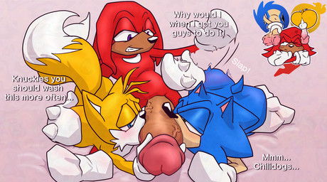 angry anthro balls blue_body blush butt butt_grab butt_slap clothing cockslap erection feet fellatio footwear game_ui genitals glans gloves group half-closed_eyes hand_on_butt handjob handwear male male/male narrowed_eyes oral penile penis penis_sniffing presenting red_body sex slap sniffing socks text trio vein veiny_penis tenge_mage sega sonic_the_hedgehog_(series) knuckles_the_echidna miles_prower sonic_the_hedgehog canid canine echidna eulipotyphlan fox hedgehog mammal monotreme english_text