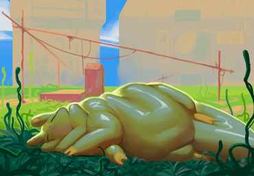 ambiguous_gender belly big_belly big_tail building dewlap_(anatomy) eyes_closed feral glistening glistening_body grass green_body huge_belly light overweight overweight_ambiguous overweight_feral plant shadow sleeping solo squish sunlight tail tail_squish under_shade citrusslugcat rain_world videocult citrus_(slugcat) slugcat