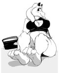 2_horns 3_toes anthro biped blush blush_lines clothed clothing crop_top feet female horn long_ears looking_at_viewer panties paws shirt sitting skimpy soles solo suggestive_pose toes topwear underwear herro undertale_(series) toriel bovid caprine goat mammal 2024 4:5 black_and_white hi_res monochrome