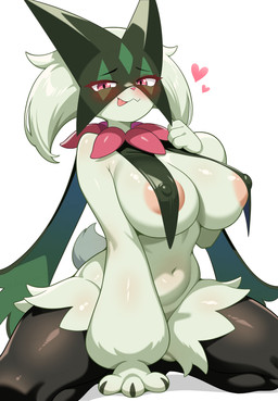 4_fingers anthro areola areola_slip big_breasts biped blush breast_curtains breasts eyebrows female female_anthro fingers fur green_body green_fur green_hair hair heart_symbol kemono looking_at_viewer navel nipple_outline pink_eyes side_boob simple_background sitting small_waist smile solo spread_legs spreading thick_thighs tongue white_background wide_hips shiguren_39 nintendo pokemon generation_9_pokemon meowscarada pokemon_(species) 2025 absurd_res digital_drawing_(artwork) digital_media_(artwork) hi_res