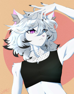 anthro belly blue_eyes clothing colored_nails femboy fishnet_clothing fur glistening hair inner_ear_fluff looking_at_viewer male nails pink_eyes solo tuft white_body white_fur white_hair samkit sam_(samkit) canid canine domestic_cat felid feline felis fox hybrid mammal hi_res