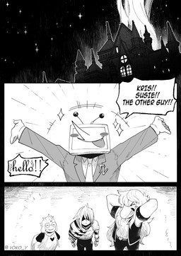 antenna_wire antennae_(anatomy) anthro armor castle dark_fountain dialogue electronics eyes_closed female for_a_head group hair hair_over_eyes male necktie screen screen_face smile solo sparkles speech_bubble star television text trio vokoy deltarune mythology undertale_(series) kris_dreemurr ralsei susie_(deltarune) tenna_(deltarune) bovid caprine darkner dragon goat humanoid lightner mammal mythological_creature mythological_scalie object_head scalie screen_head tv_head absurd_res black_and_white comic english_text hi_res monochrome