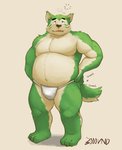 anthro asian_clothing belly bulge clothing east_asian_clothing fundoshi fur green_body green_fur japanese_clothing male navel overweight overweight_anthro overweight_male solo text tired underwear 3000vnd lifewonders live_a_hero mokdai canid canine canis domestic_dog mammal 2020 hi_res