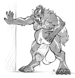 anthro arm_tuft balls belly big_balls big_belly big_penis bodily_fluids cheek_tuft chest_markings claws dripping drooling elbow_tuft facial_tuft foreskin front_view genital_fluids genitals hand_on_belly huge_balls huge_penis leg_markings male male_anthro markings muscular muscular_anthro muscular_male nude open_mouth overweight overweight_anthro overweight_male pawpads penis precum precum_drip retracted_foreskin saliva shoulder_tuft simple_background solo standing toe_claws tongue tongue_out tuft vein veiny_penis solaxe_(artist) solaxe canid canine mammal absurd_res hi_res monochrome sketch