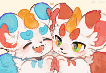 ambiguous_gender blue_body blue_fur cheek_to_cheek cheek_tuft duo eyes_closed facial_tuft fangs feral fur fur_markings green_eyes happy heart_symbol horn inner_ear_fluff markings multicolored_body multicolored_fur neck_tuft open_mouth pawpads paws red_body red_fur round_ears simple_background smile teeth tongue tuft two_tone_body two_tone_fur white_body white_fur juchuanchuan asian_mythology chinese_mythology east_asian_mythology fabulous_beasts fenz_(studio) mythology bixie_(fabulous_beasts) tianlu_(fabulous_beasts) mythological_creature pixiu colored hi_res brother_(lore) brothers_(lore) sibling_(lore)