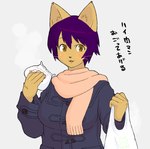 5_fingers anthro blue_clothing blue_coat blue_topwear blush breasts brown_body brown_eyes brown_fur clothed clothing coat female fingers fur grey_background hair holding_object pink_scarf plastic_bag purple_hair scarf simple_background solo steam text topwear whiskers winter kemonon domestic_cat felid feline felis mammal 2008 japanese_text