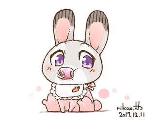 ambiguous_gender anthro biped clothing dipstick_ears ear_markings fur grey_body grey_fur looking_at_viewer multicolored_ears neonate pacifier purple_eyes simple_background sitting solo white_background young young_anthro rikuo_(artist) disney zootopia judy_hopps lagomorph leporid mammal rabbit 2017 signature