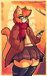 aliasing anthro autumn biped bottomwear clothed clothing crossdressing digital_media_(artwork) felid femboy fur hair jacket leaf legwear looking_at_viewer male mammal nagi_(nagifur) nagifur outside plant scarf simple_background skirt smile solo tail thigh_highs topwear tree warm_colors white_body