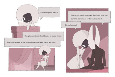 anthro bedroom biped black_body black_eyes border detailed_background dialogue duo empty_eyes eye_contact female female/female female_anthro female_humanoid humanoid_on_anthro inside looking_at_another looking_at_partner mouthless nude one_eye_closed sitting spa speech_bubble talking_to_another talking_to_partner text white_body white_border white_eyes justdog hollow_knight:_silksong hollow_knight_(franchise) team_cherry hornet_(hollow_knight) lace_(hollow_knight:_silksong) arthropod humanoid 2025 comic digital_drawing_(artwork) digital_media_(artwork) english_text hi_res