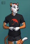 anthro black_clothing black_nose black_shirt black_t-shirt black_topwear boxer_briefs bulge cheek_tuft clothing countershade_arms countershade_legs countershade_neck countershading dipstick_tail facial_tuft fur gloves_(marking) grey_eyes head_tuft inner_ear_fluff looking_aside male markings orange_body orange_fur orange_inner_ear orange_inner_ear_fluff red_body red_fur red_stripes shirt simple_background solo standing stripes t-shirt tail tail_markings topwear tuft underwear whisker_spots whiskers white_body white_ears white_fur d3mo domestic_cat felid feline felis mammal 2020 signature