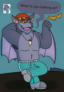 anthro armpit_hair body_hair bottomwear clothing dialogue floating_eyebrows hat headgear headwear male open_mouth pants solo text alex_yeena_(artist) brok_the_investigator cowcat_games bat mammal 2025 absurd_res english_text hi_res
