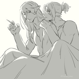 bedding blanket cigarette duo hair hair_bun head_on_shoulder holding_cigarette holding_object humanoid_pointy_ears long_hair male male_humanoid mouth_closed not_furry nude pointy_ears side_view simple_background sitting cobu humanoid 1:1 monochrome sketch