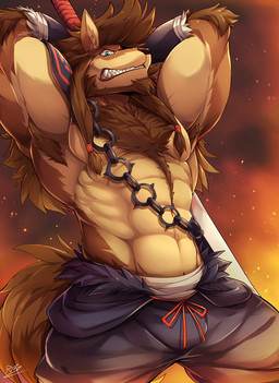 abs anthro armpit_hair beard big_muscles body_hair bottomwear brown_body brown_fur brown_hair chain chest_hair clenched_teeth clothed clothing facial_hair fangs fur hair hands_behind_head looking_at_viewer male melee_weapon muscular muscular_anthro muscular_male pants pecs solo sword teeth topless weapon rabbity re:zero ricardo_welkin canid canine canis mammal wolf 2016 alternate_version_at_source