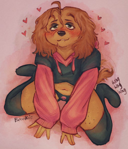 anthro bedroom_eyes belly blush clothing cropped_hoodie eyeshadow female fluffy_ears freckles green_eyes legwear looking_at_viewer makeup narrowed_eyes opossookie/brookie panties seductive simple_background sitting solo tail tail_motion tailwag thigh_highs underwear meme_clothing paggi_outfit canid canine canis domestic_dog mammal mixed_breed meme